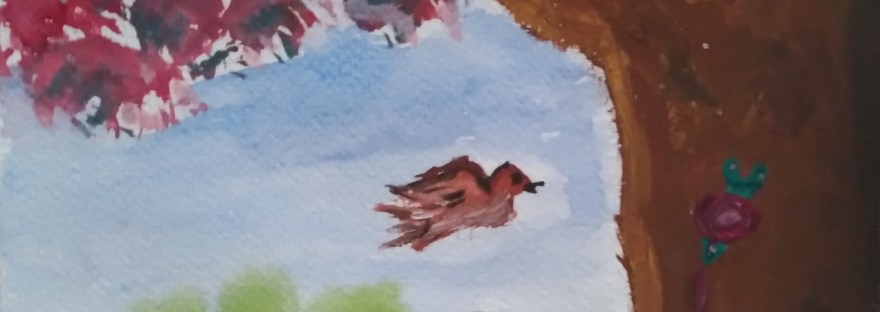 A painting of a cherry tree and a snail by Anand H Quinn